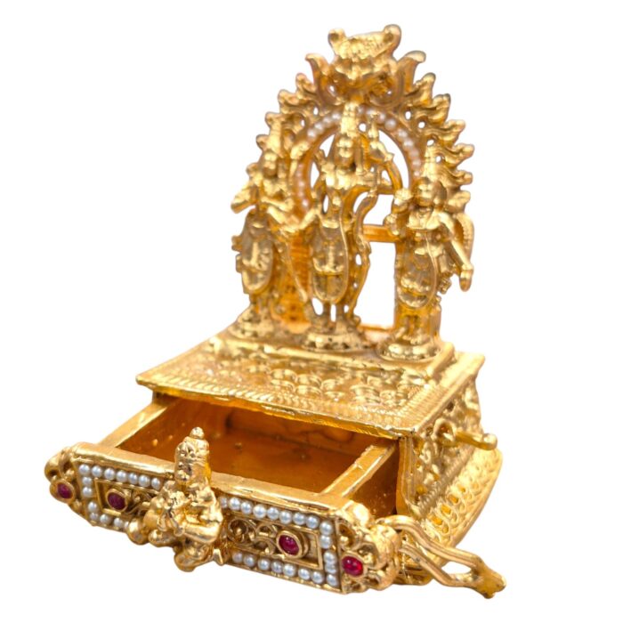 Detailed engraving of Ram Darbar with a slide out drawer - the matte finish kumkum box.