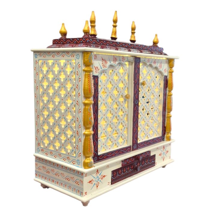 Side profile view of the wooden puja mandir