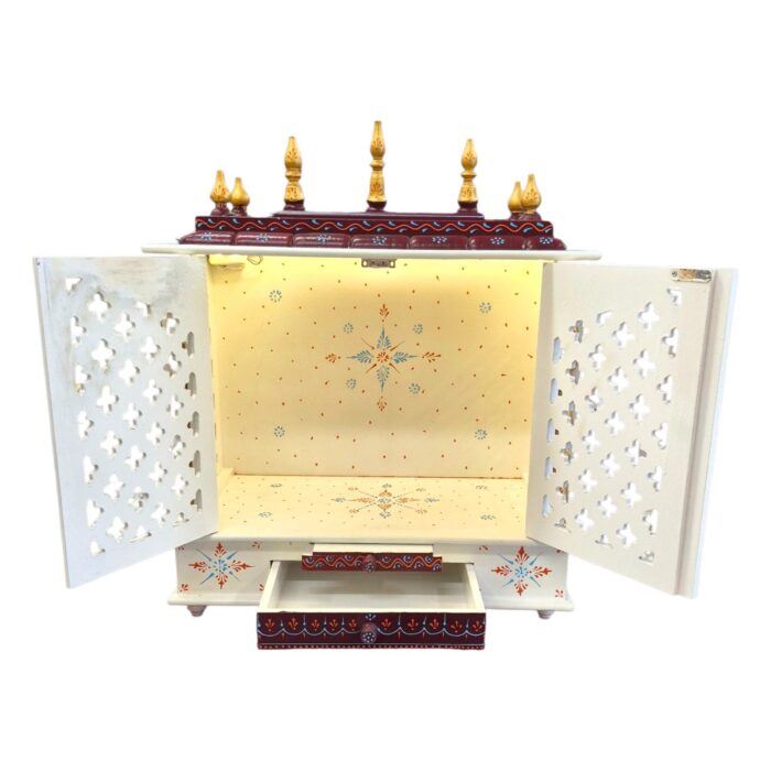 Wooden mandir with doors and slide out drawer