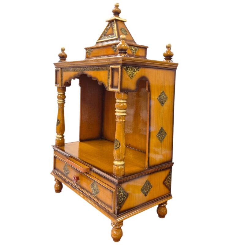 Side profile view of wooden home mandir with drawers