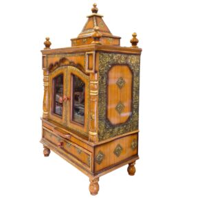 Side profile view of wooden home mandir with door