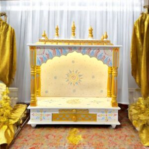 Wooden Mandir for Home | Golden & White – 24 in x 29 in x 12 in