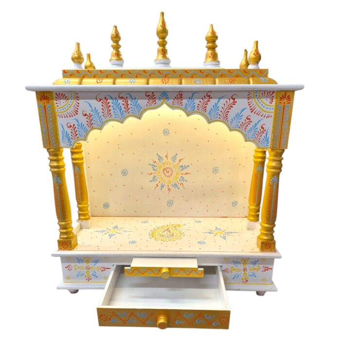 Wooden home mandir with slide out drawer and jyot stand