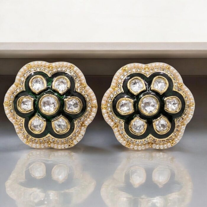 Kundan earrings - floral studs with green enamel and pearls | Ethnic Indian Jewelry in Canada