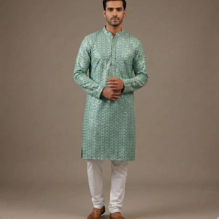 Olive Green Cotton Chikan Sequin Kurta for Men | SEHR Luxe Kurta Series