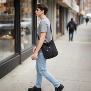 Black colored cotton crossbody bag worn casually outdoors