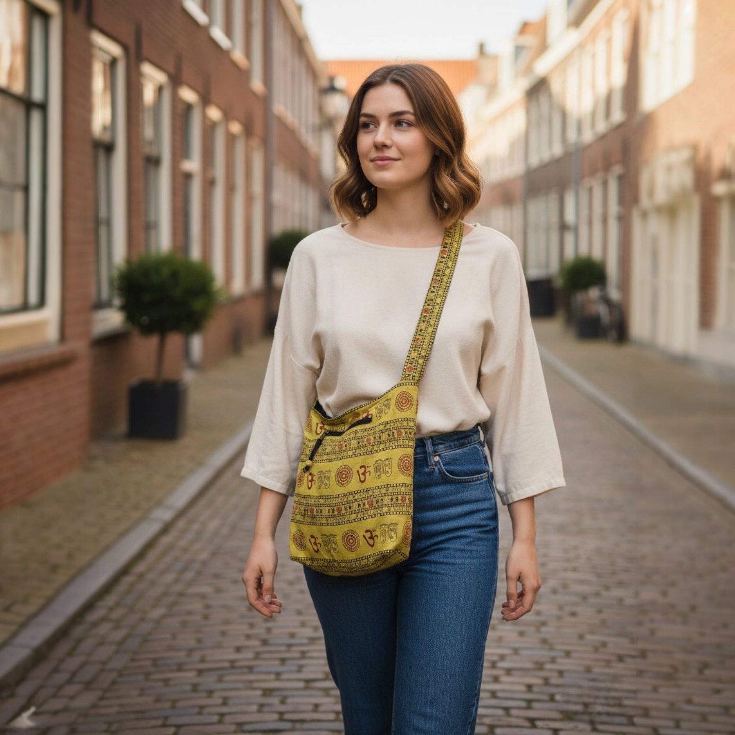 1768932135190.webp Cotton Sling Bag with Om Print - Yellow - Image 1