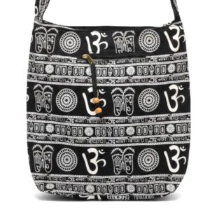 Black cotton crossbody sling bag with Om print and front zipper pocket