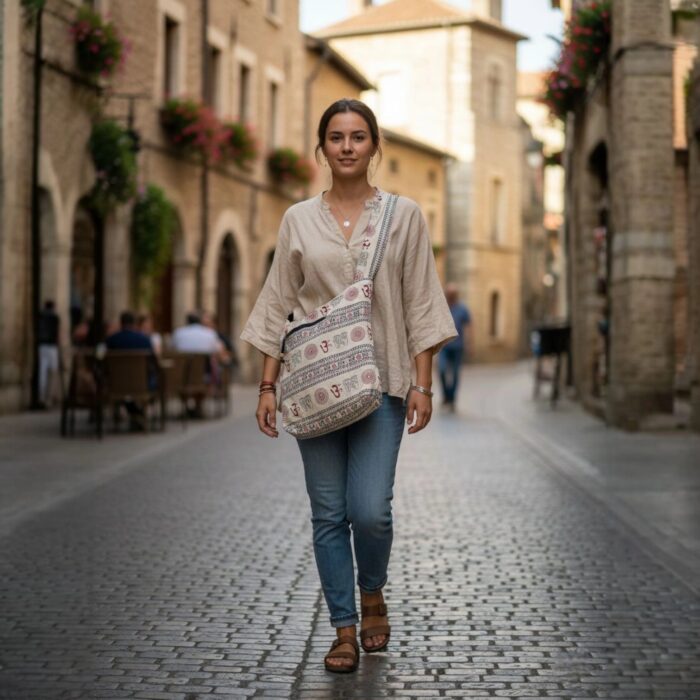 Cotton Sling Bag with Om Print - White - Image 2