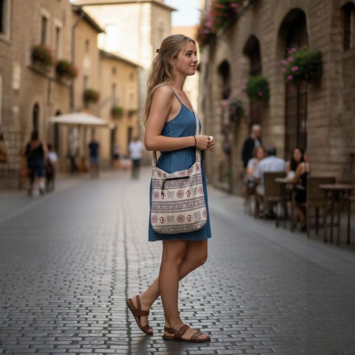 White Om print cotton crossbody sling bag worn by a woman