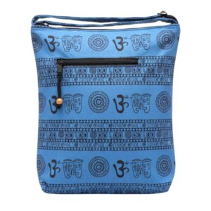 Blue cotton crossbody sling bag with Om print, top and front zippers