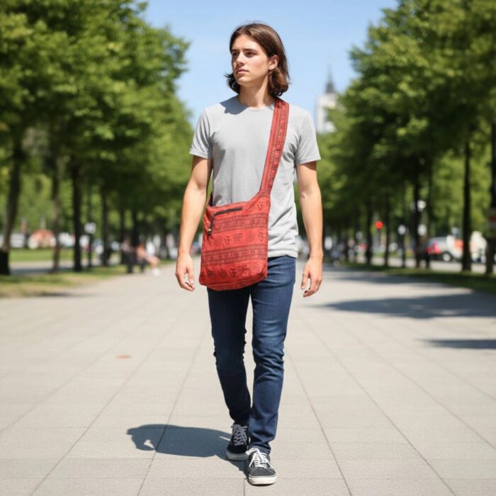 Red Om print cotton crossbody sling bag worn by a woman walking outdoors