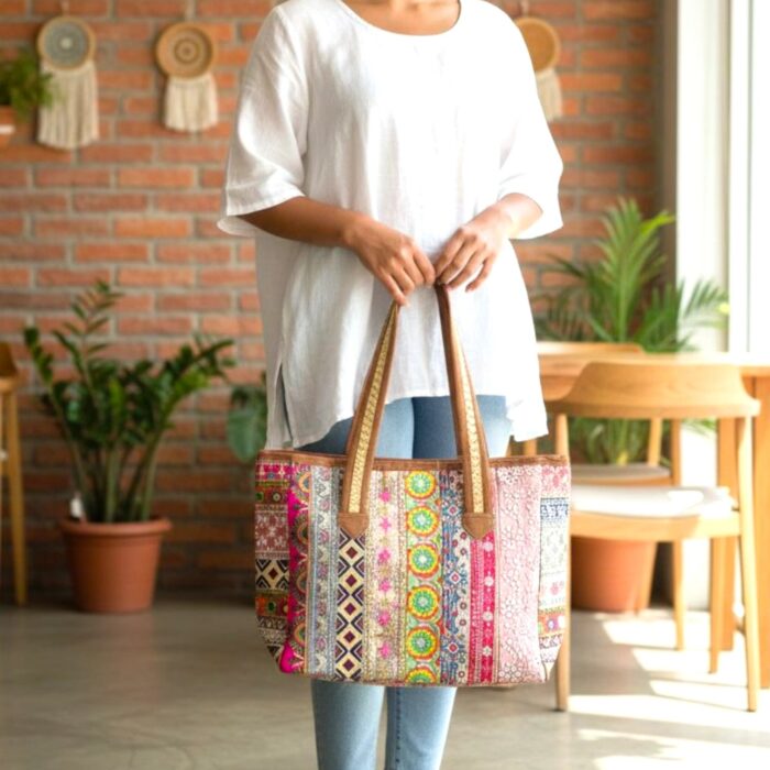 Embroidered Patchwork Tote Bag - Image 2