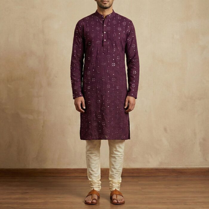 Burgundy Kurta with mirror finish work
