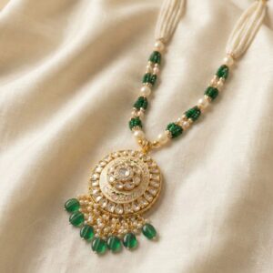Kundan necklace set with cream and green moti | Ethnic Jewelry in Canada at wholesale prices