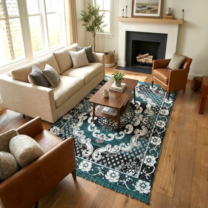 Luxury turquoise area rug with silver thread work