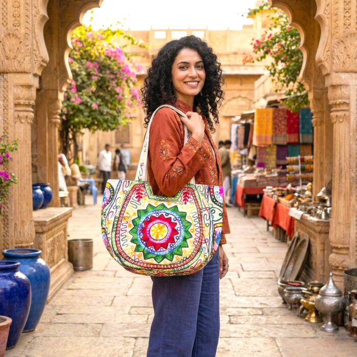 Kashmiri embroidery Tote Bag - Sun - Green - Image 2