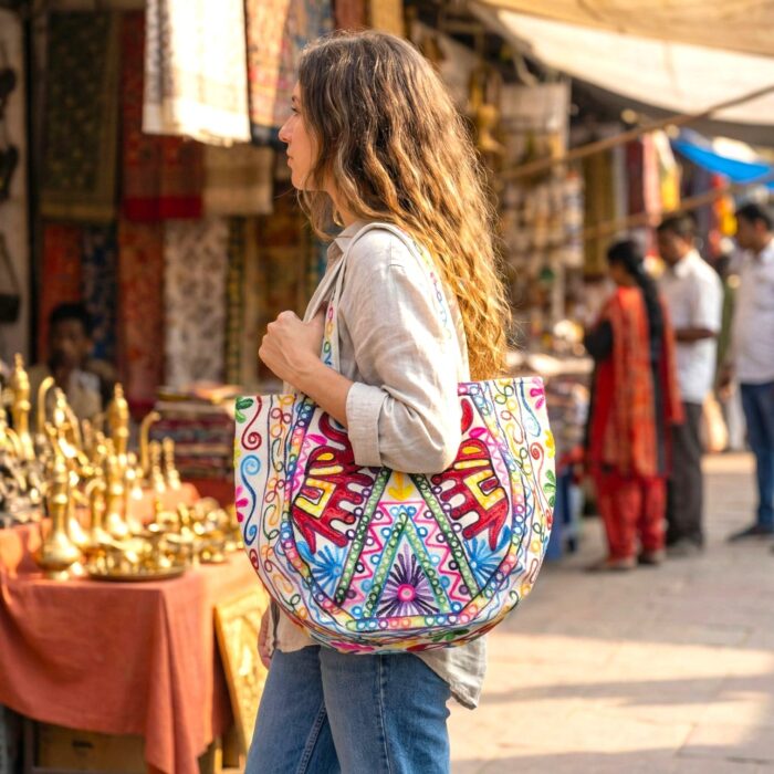 Kashmiri embroidery Tote Bag - 2 elephants - Red - Image 2