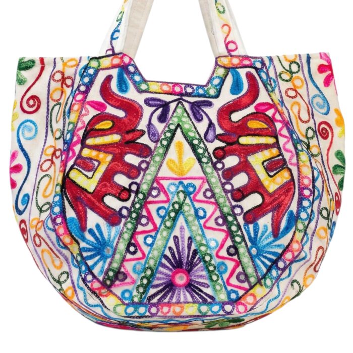Kashmiri embroidery Tote Bag - 2 elephants - Red - Image 3