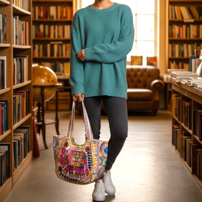 Kashmiri embroidery Tote Bag - Elephant - Pink - Image 2