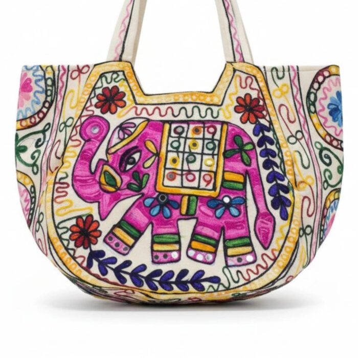 Kashmiri embroidery Tote Bag - Elephant - Pink - Image 3