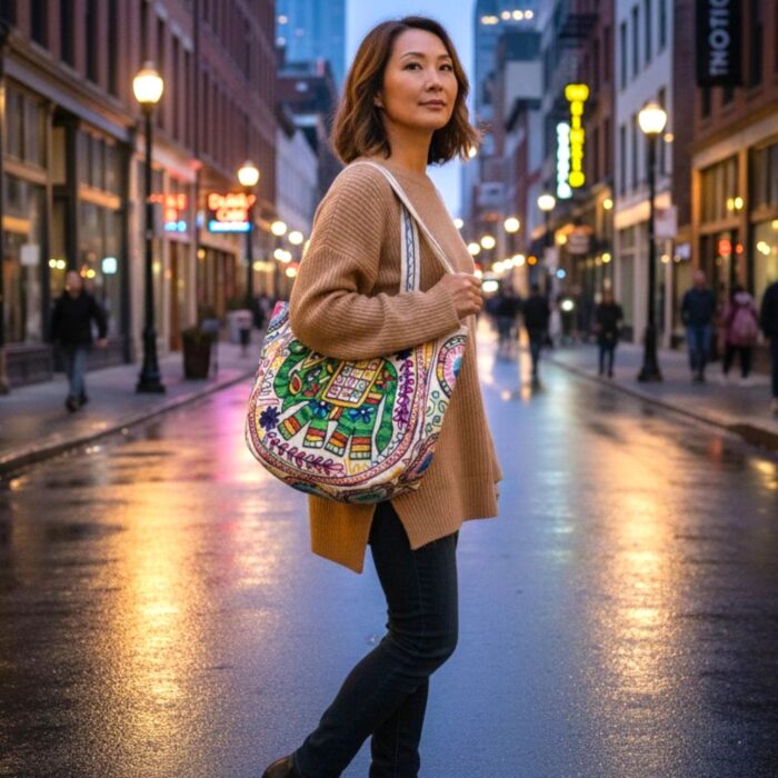 Kashmiri embroidery Tote Bag - Elephant - Green - Image 2