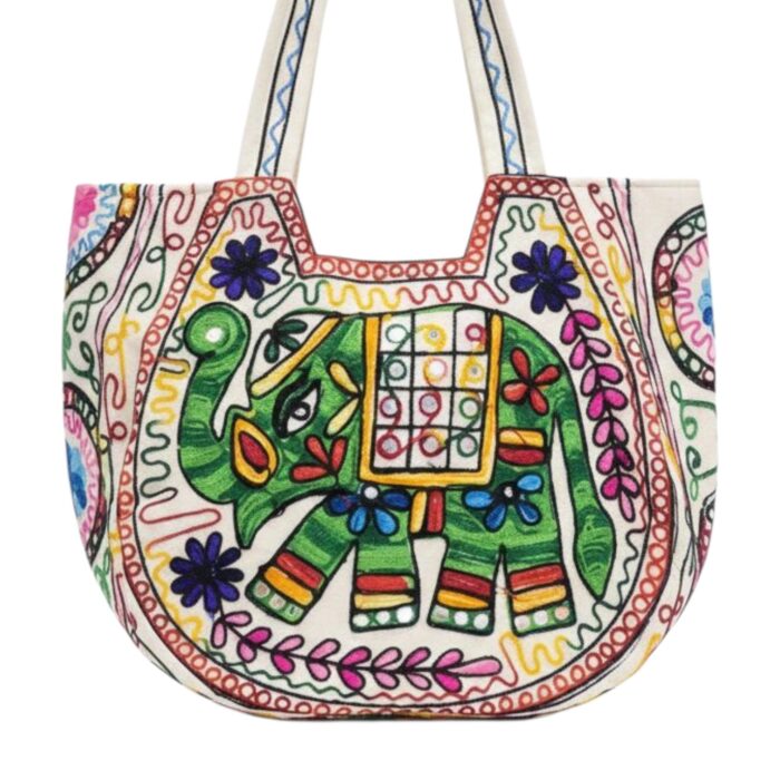 Kashmiri embroidery Tote Bag - Elephant - Green - Image 3