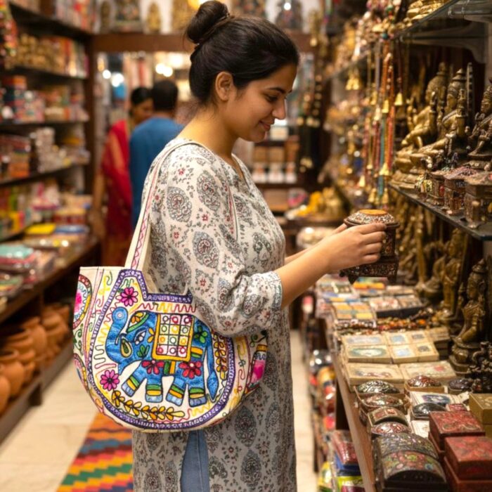Kashmiri embroidery Tote Bag - Elephant - Turquoise - Image 6