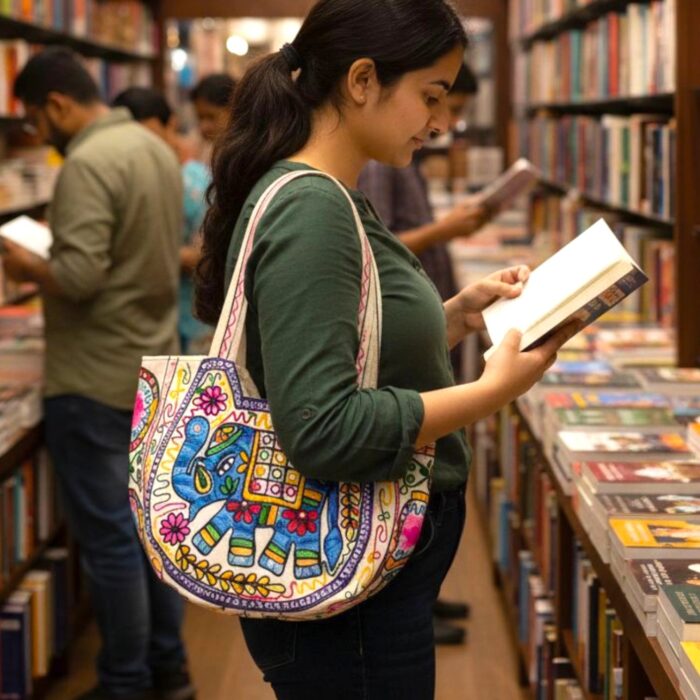Kashmiri embroidery Tote Bag - Elephant - Turquoise - Image 2