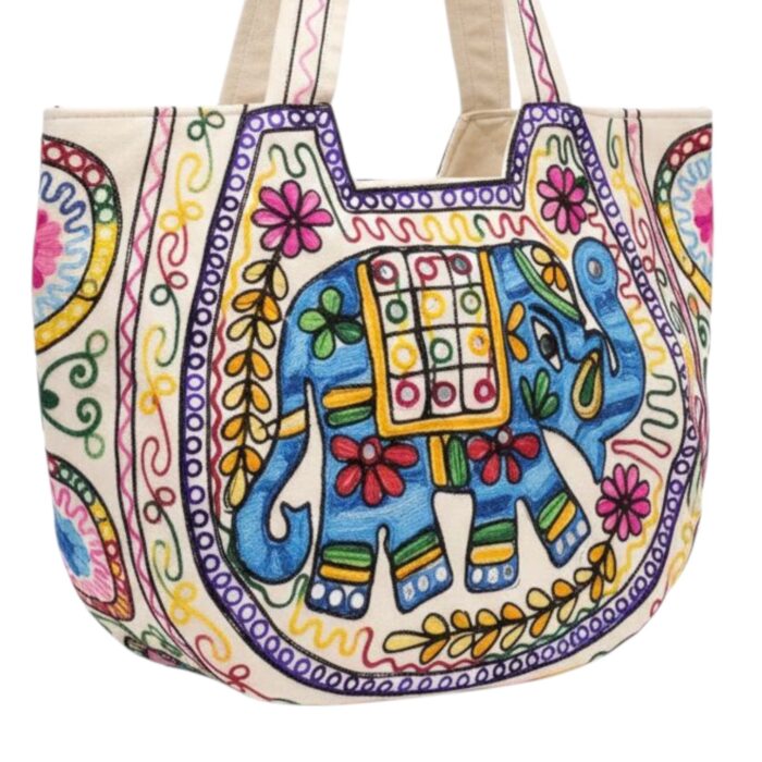 Kashmiri embroidery Tote Bag - Elephant - Turquoise - Image 3