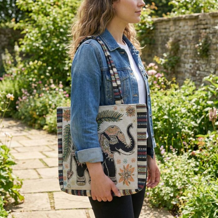 Elephant Tote Bag with Zipper Closure - White - Image 2