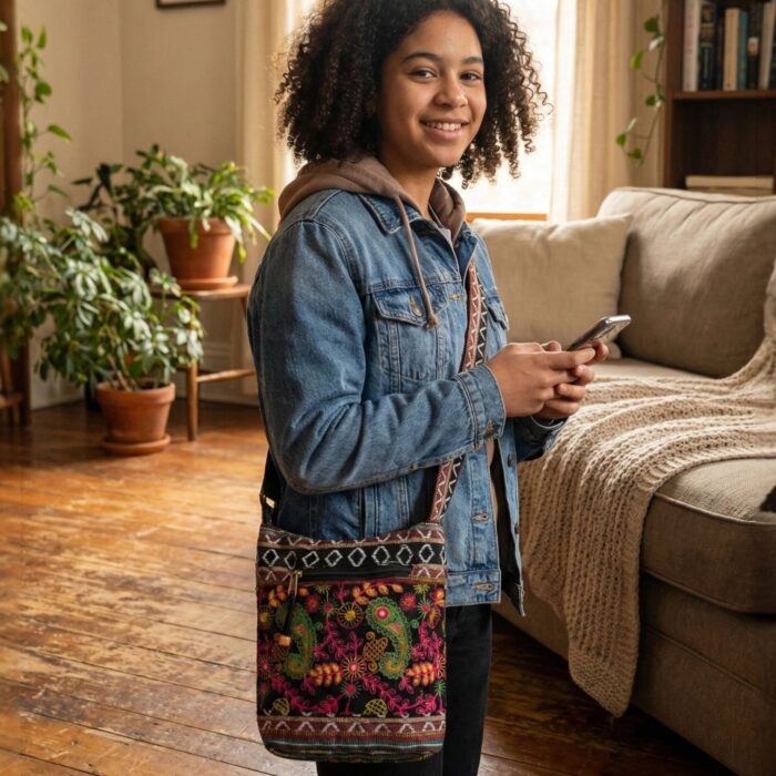 Jacquard Sling Bag with Embroidery - Black - Image 2