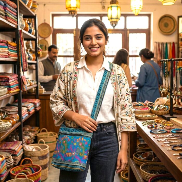 Jacquard Sling Bag with Embroidery - Turquoise - Image 6