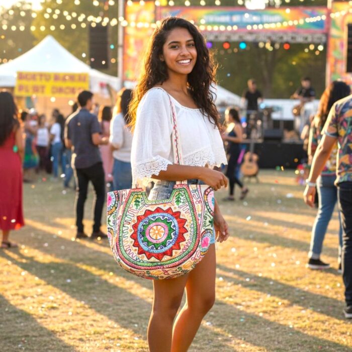 Kashmiri embroidery Tote Bag - Sun - Red - Image 5