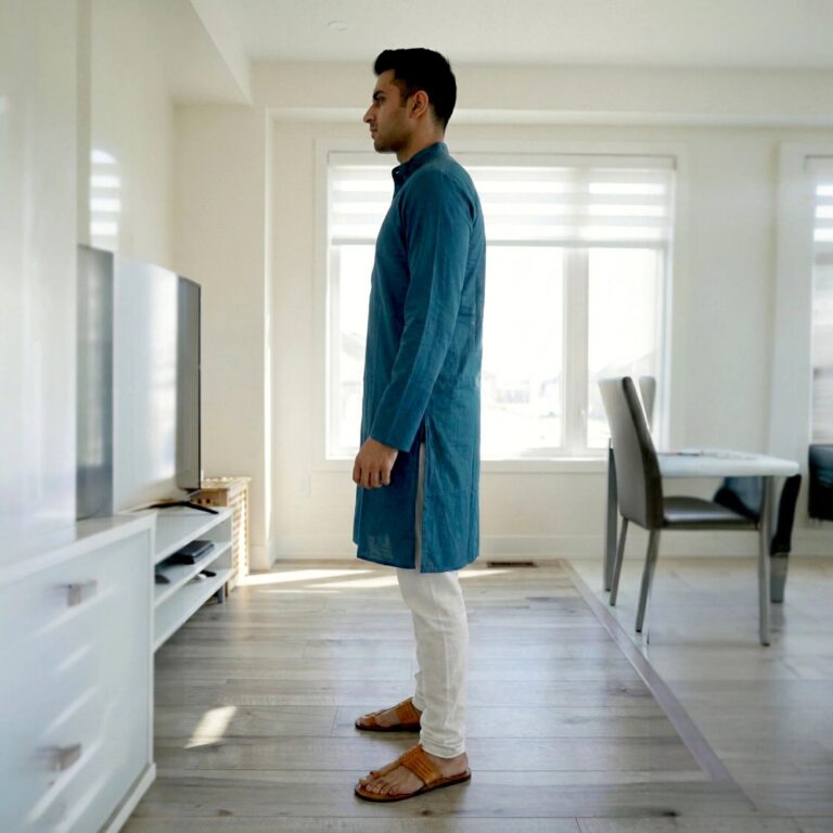 Side profile view of this comfortable kurta for men