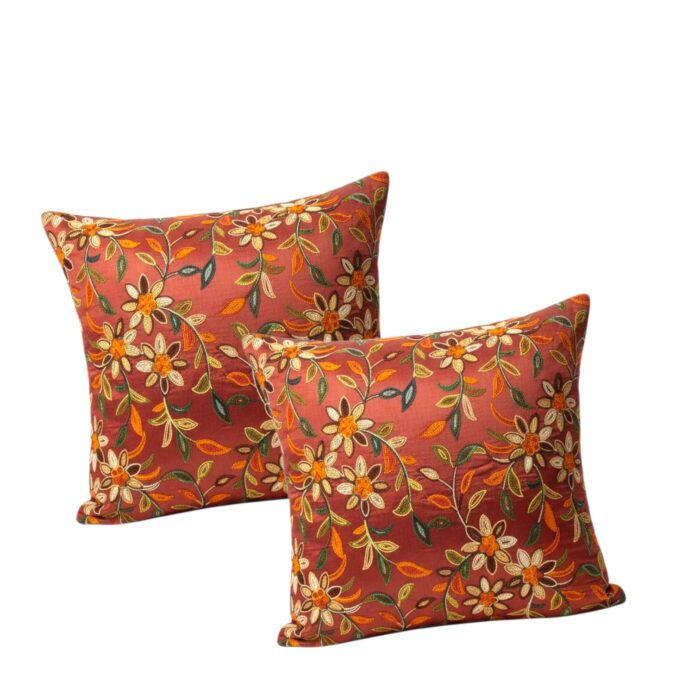 Embroidered red cotton cushion cover set of 2