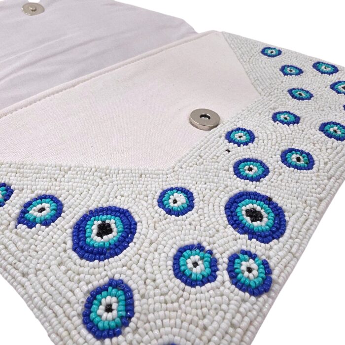Close up of the bead work on this evil eye clutch bag for everyday use