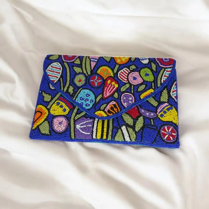 Blue with colorful beaded envelope clutch handmade crossbody bag