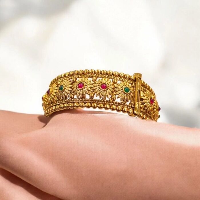 Swarnika Anmol Bracelet - Gold oxidized, Emerald & Ruby Style Stones - Image 2