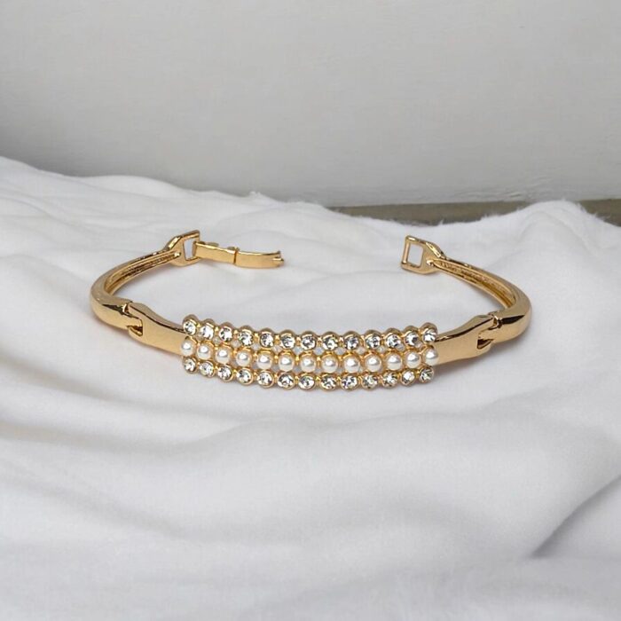 Elegant Gold-Tone Small Pearls & AD Stone Curved Bangle - Image 3