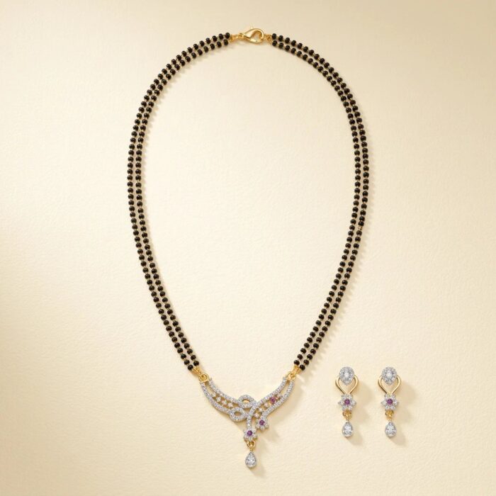 Aria Gold-Plated AD Floral Mangalsutra & Earring Set - Image 3