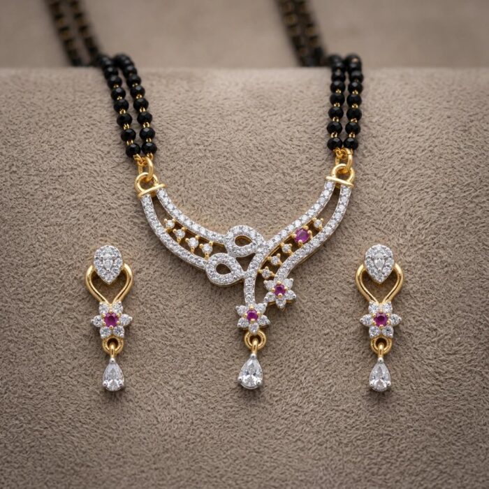 Close up of the AD stone fitted gold plated mangalsutra set for quick shipping in Canada