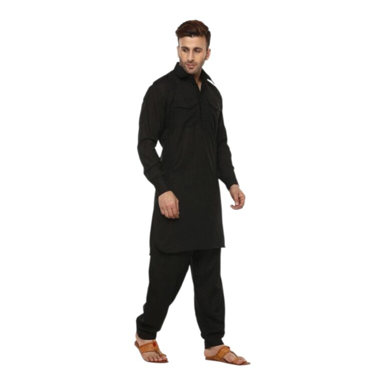 Solid Black Cotton Pathani Suit for Men | Eid wear for Men