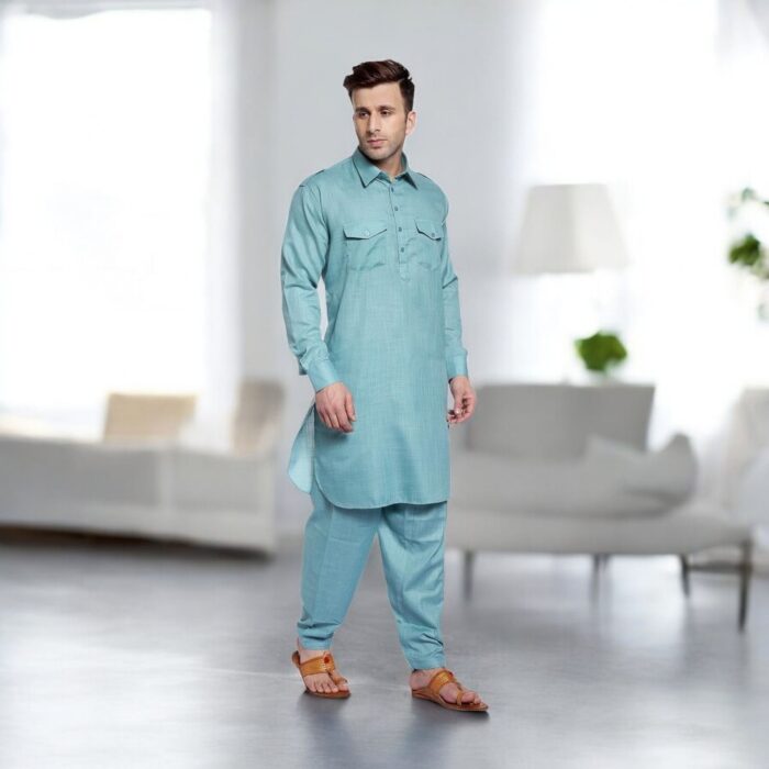 Pathani Suit for Men | Light Blue Kurta Pyjama - Image 6