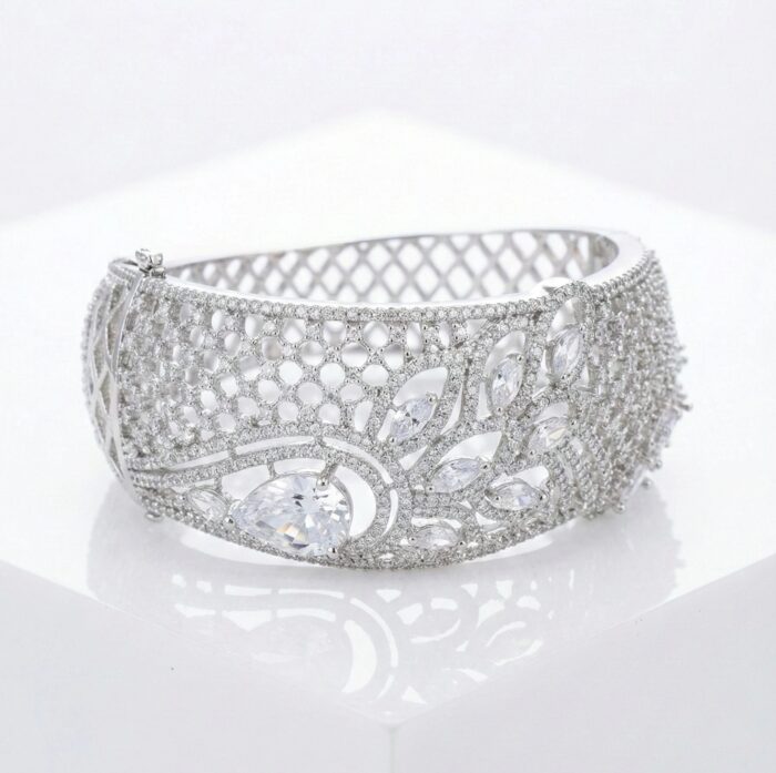 Close up of the silver finish Diamond studded bracelet