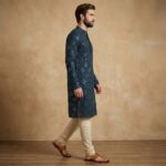 Side profile of this Men's Blue Kurta with mirror finish