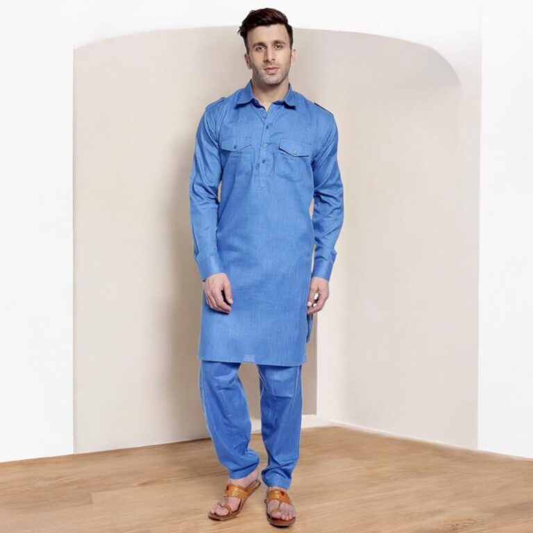 Pathani Suit for Men | Solid blue Cotton Kurta Pyjama