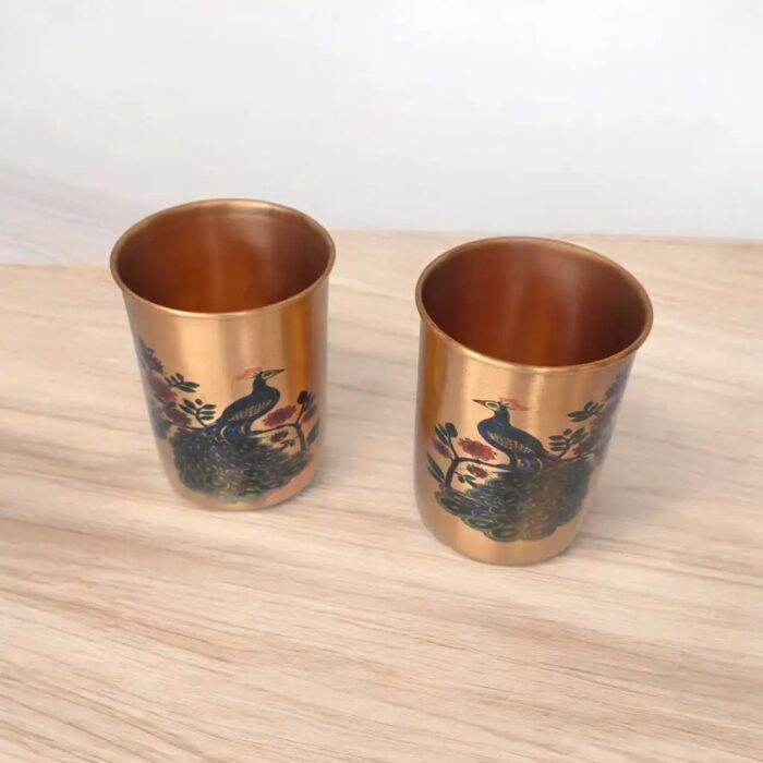 Set of 2 Copper Glass with peacock printing for drinking water | Best for Ayurvedic practices