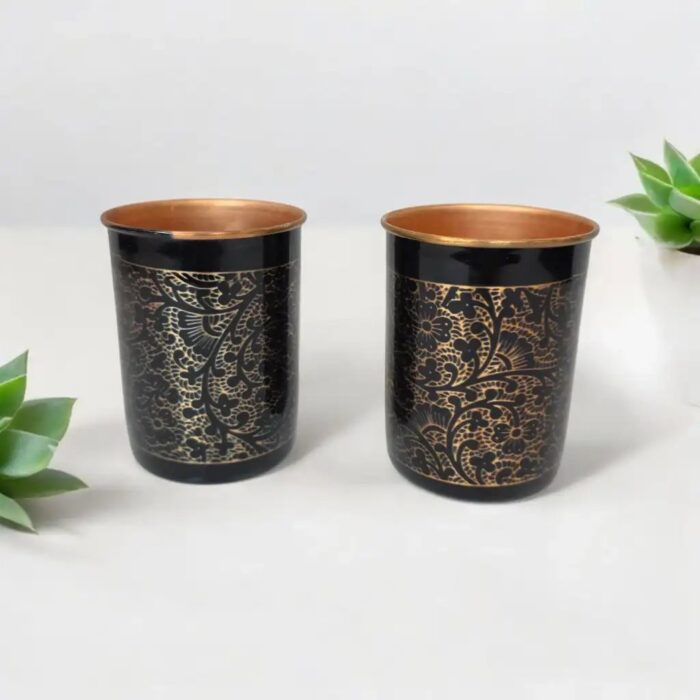 Elegant Set of 2 Copper Glass with peacock printing for drinking water
