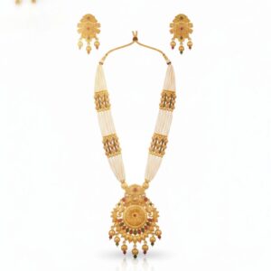 Golden matte necklace set with earrings and red green stone